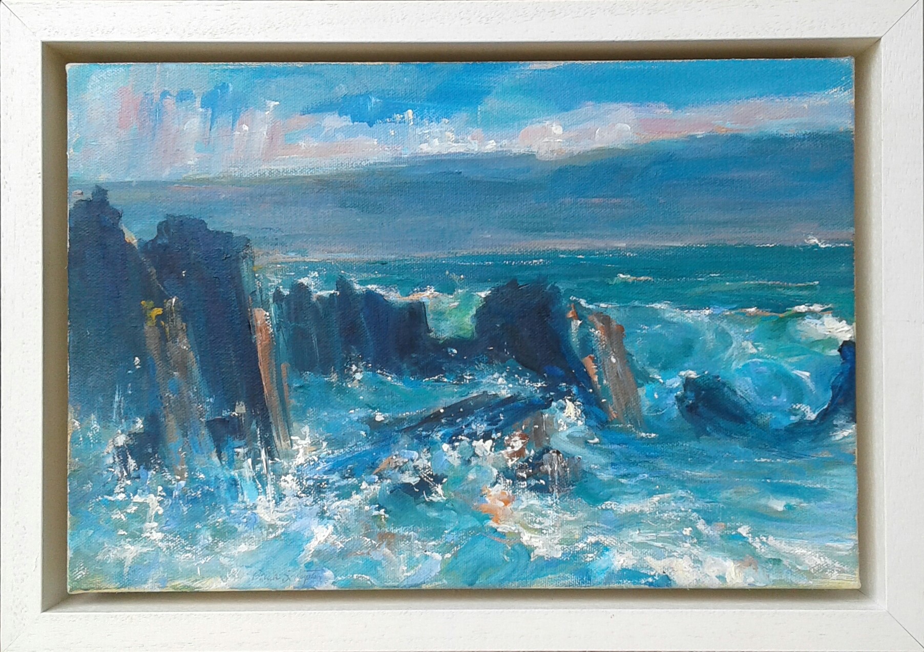 painting of rocks on the West-Bank of Lough Foyle during stormy weather, painted in oil on a deep-edge canvas and set in a white tray frame.